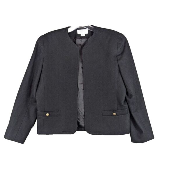 Talbots Black Worsted Wool Blazer Jacket Size 8P Open Front Career Formal Preppy - Picture 1 of 13